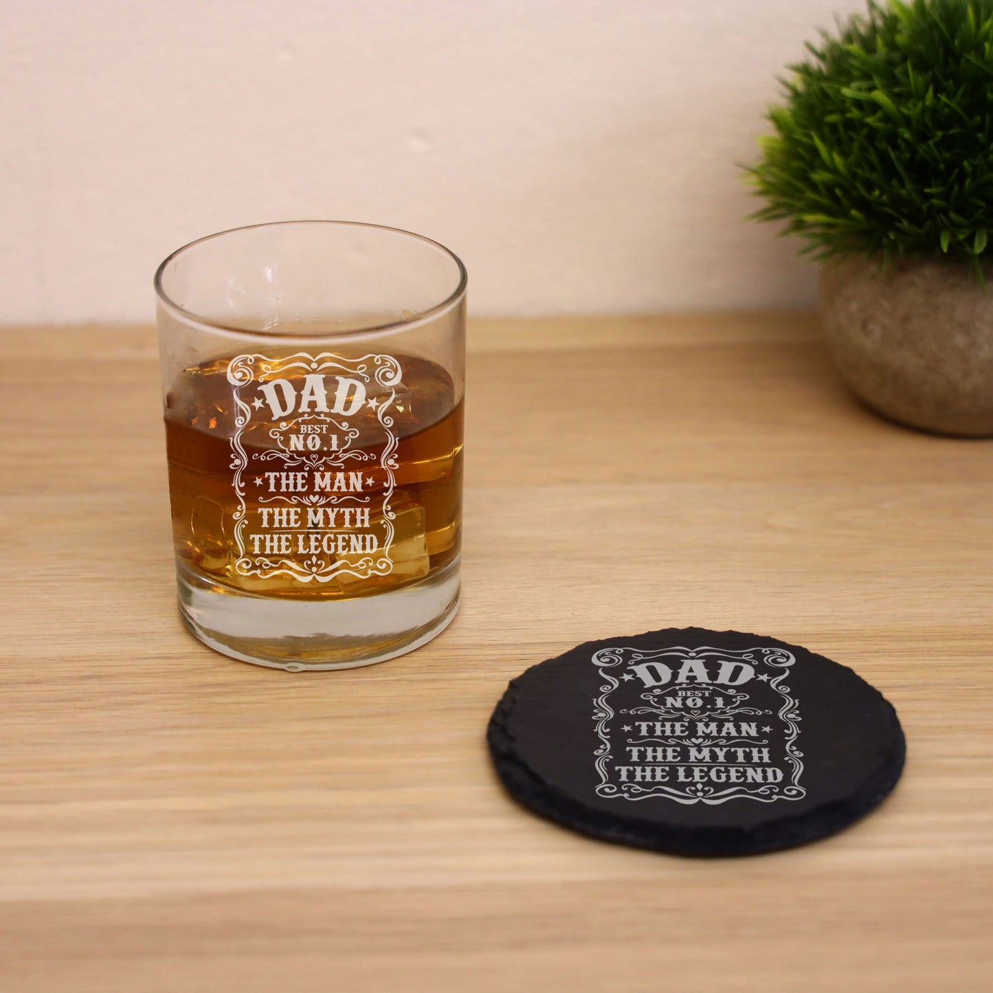 Dad The Man The Myth The Legend Engraved Whisky Glass and/or Coaster Set - Always Looking Good - Glass & Round Coaster Set