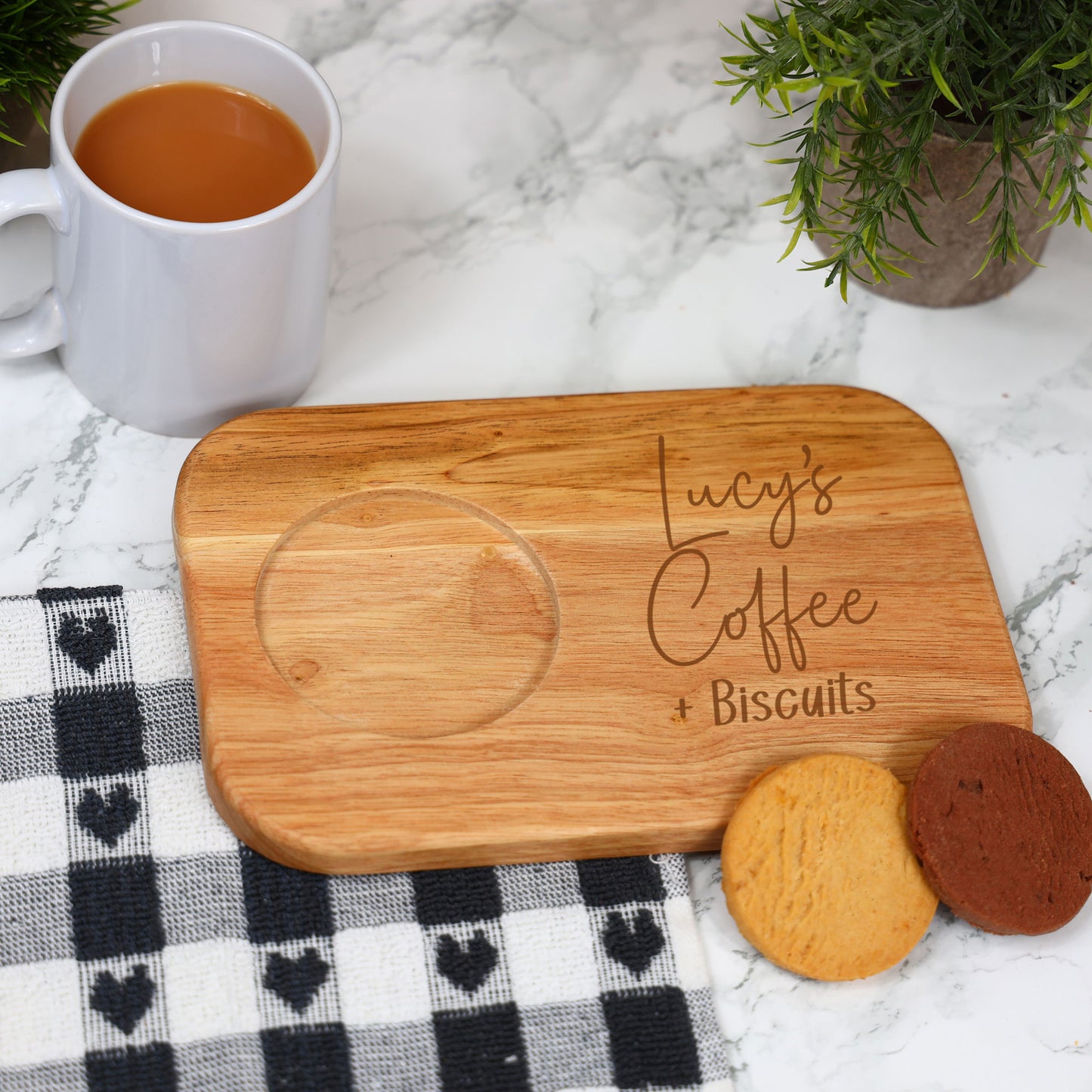 Personalised Coffee & Biscuit Engraved Board with Optional Mug and Message