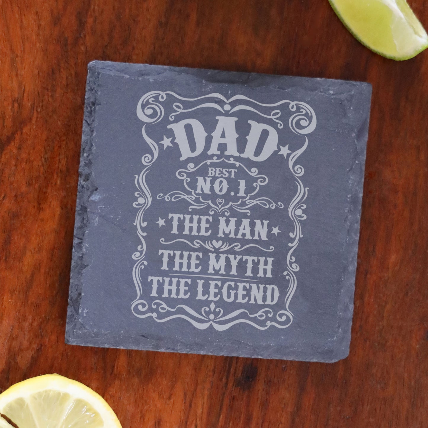 Dad The Man The Myth The Legend Engraved Beer Pint Glass and/or Coaster Set - Always Looking Good - Square Coaster Only