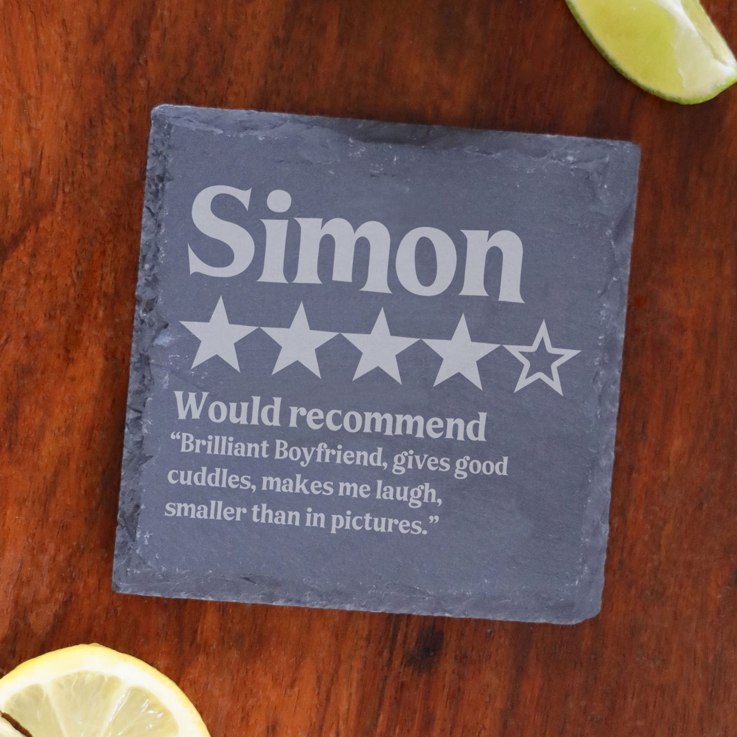 Personalised Novelty 5 Star Review Engraved Wine Glass and/or Coaster Set - Always Looking Good - Square Coaster On Its Own
