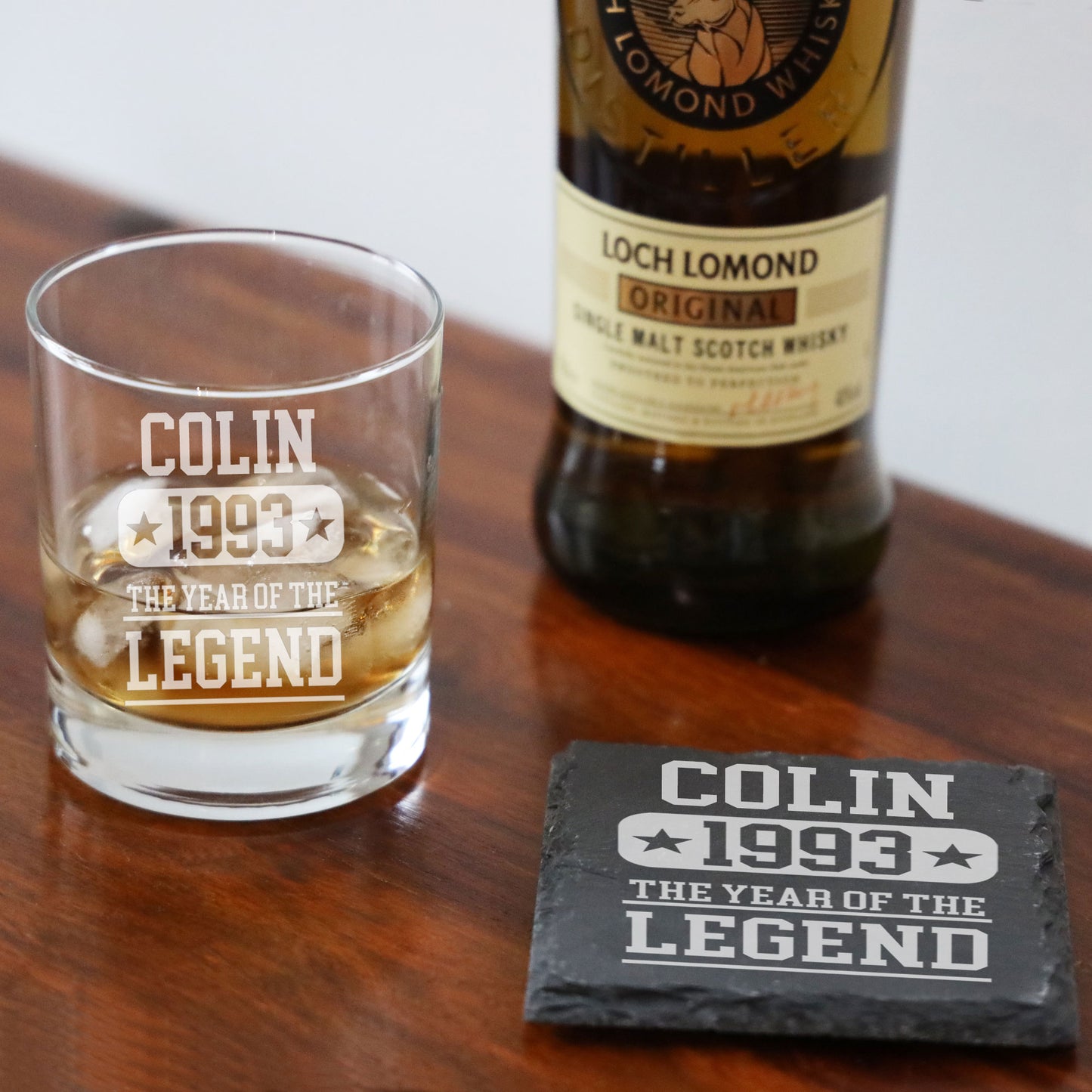 ANY Year Of The Legend Personalised Engraved Whisky Glass and/or Coaster Set - Always Looking Good - Glass & Square Coaster Set