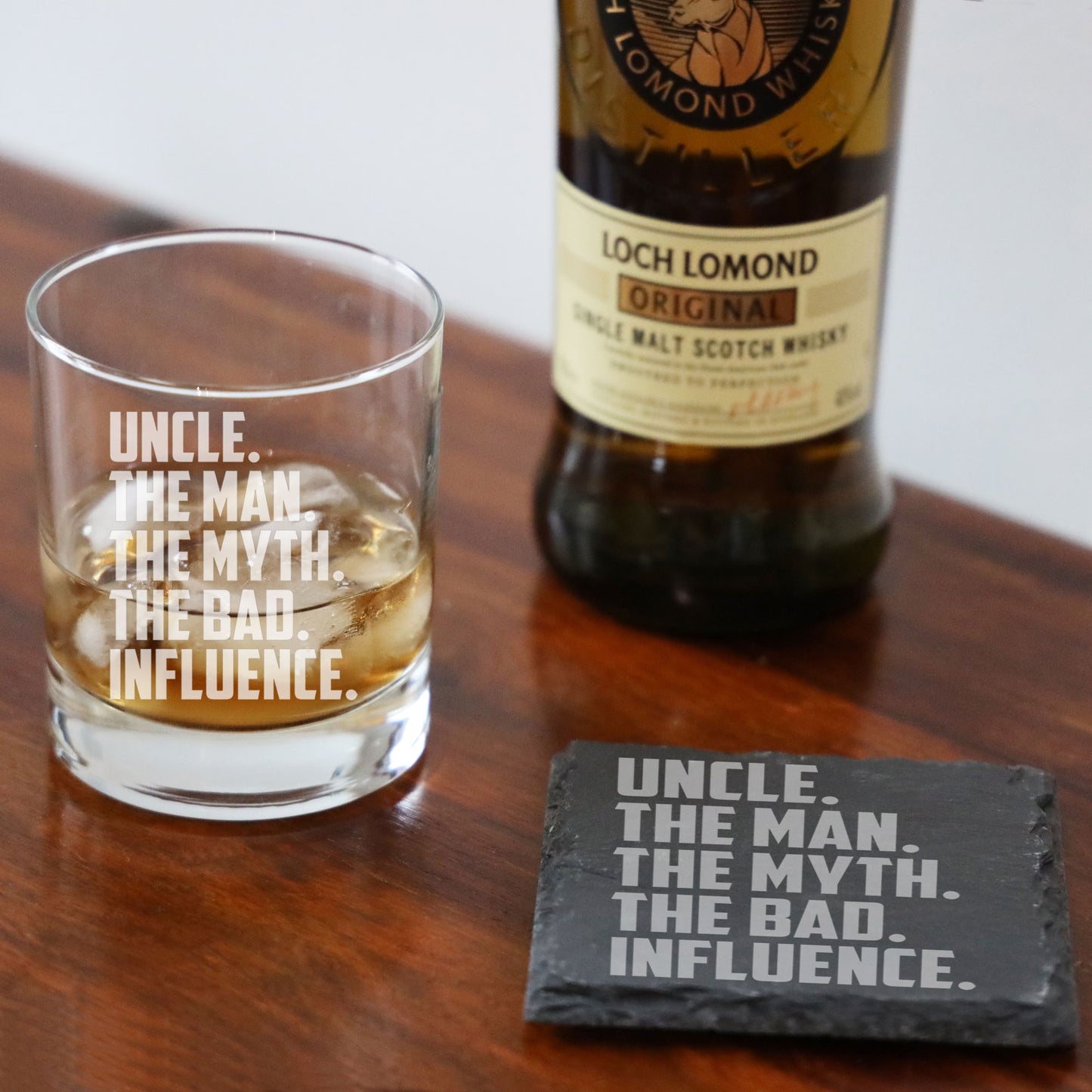 Uncle, The Man, The Myth, The Bad Influence Engraved Whisky Glass and/or Coaster Set - Always Looking Good -