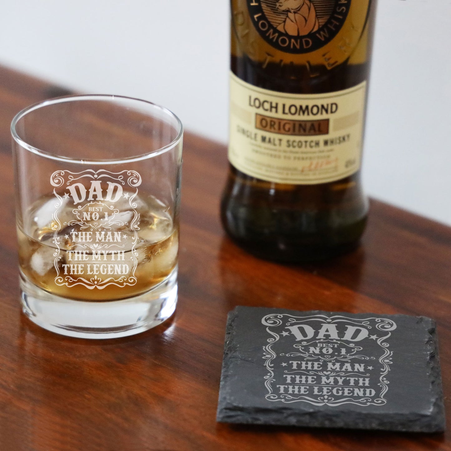 Dad The Man The Myth The Legend Engraved Whisky Glass and/or Coaster Set - Always Looking Good - Glass & Square Coaster Set