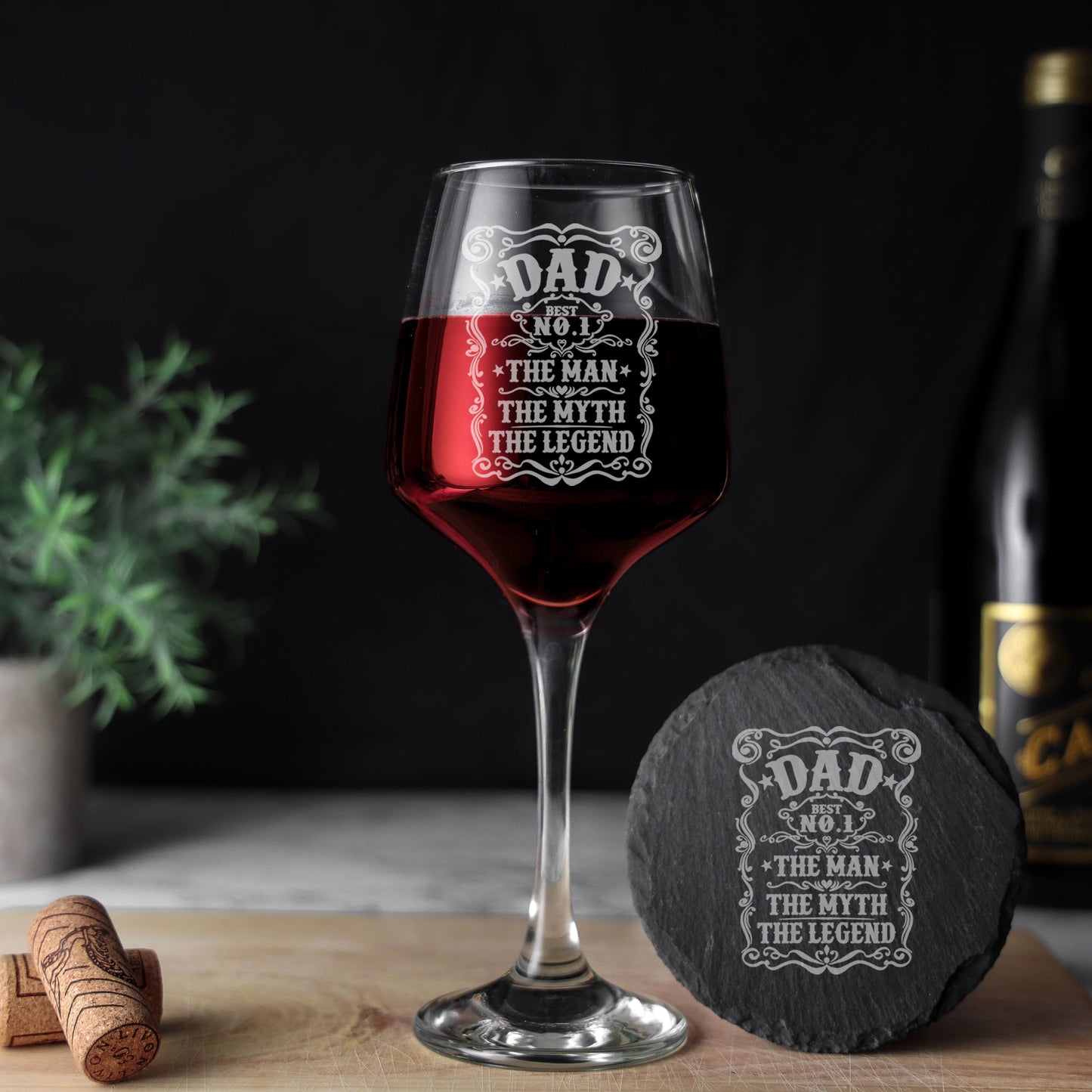 Dad The Man The Myth The Legend Laser Engraved Wine Glass and/or Coaster Set - Always Looking Good -