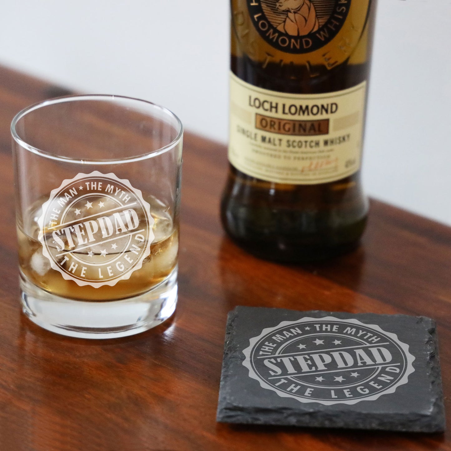 Gift For Step Dad - “Man Myth Legend” Engraved Whisky Glass and/or Coaster- Always Looking Good -