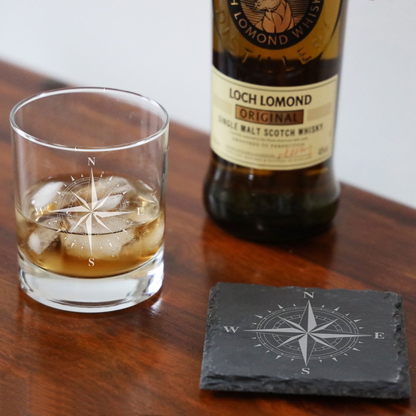 Compass Engraved Whisky Glass and/or Coaster Set - Always Looking Good - Glass & Square Coaster Set