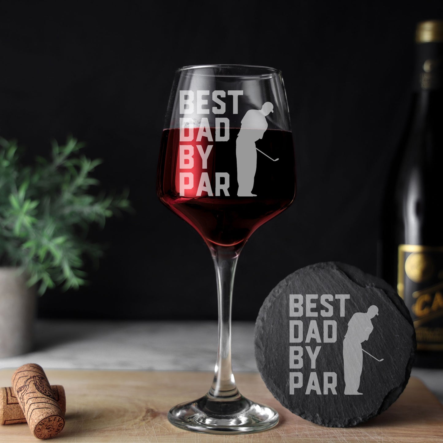 dad golf gifts - Best Dad By Par Engraved Wine Glass and/or Coaster Set - Always Looking Good - Glass & Round Coaster Set
