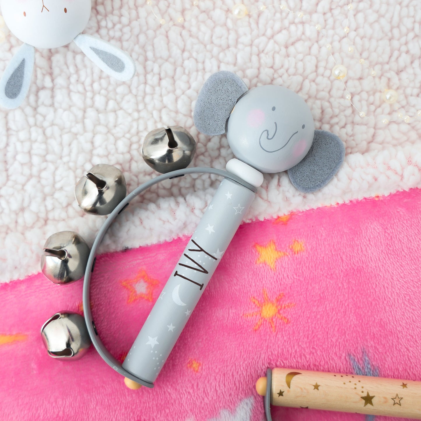 Personalised Engraved Wooden Baby Hand Bells Toy - Always Looking Good - Elephant