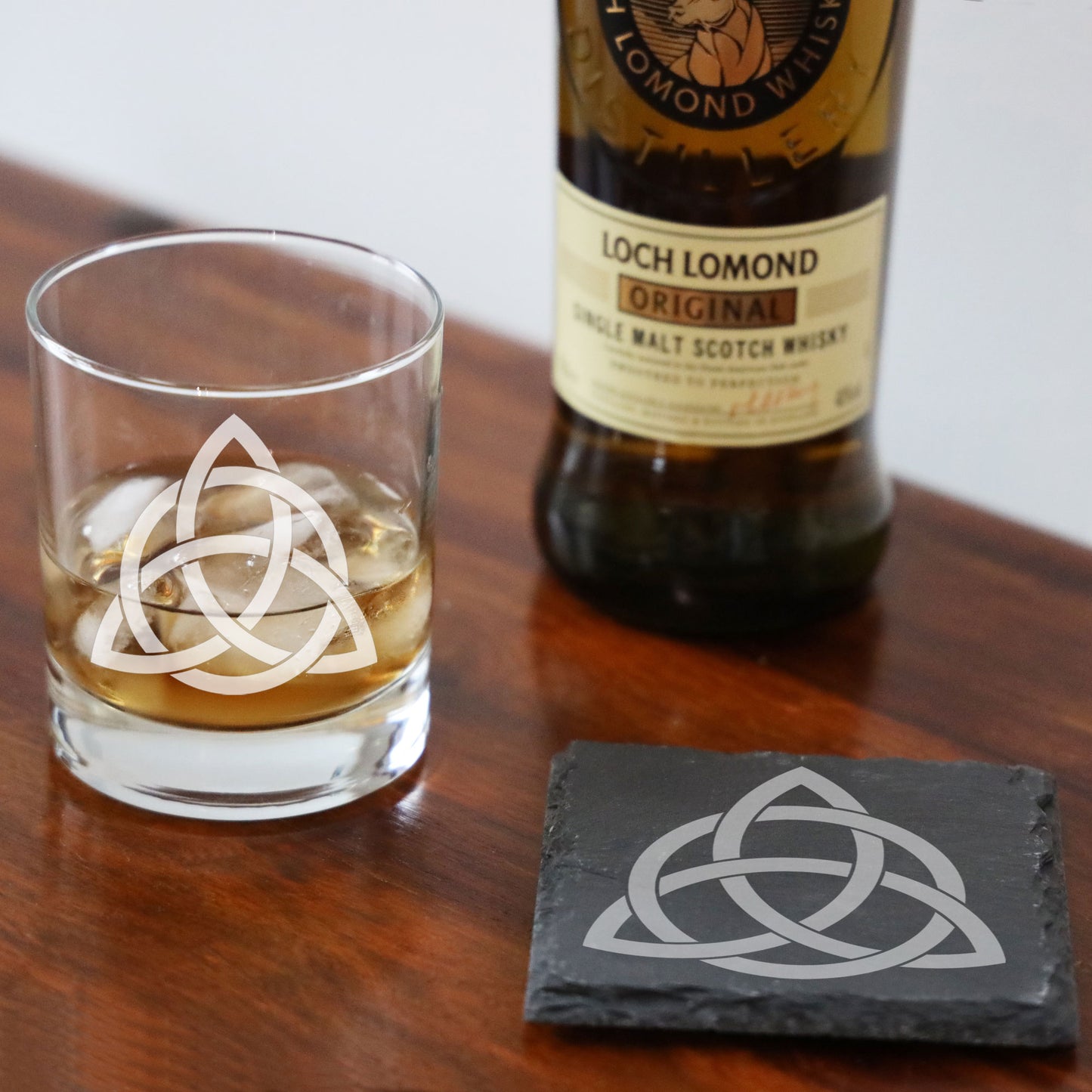 Celtic Knot Engraved Whisky Glass and/or Coaster Set - Always Looking Good - Glass & Square Coaster Set