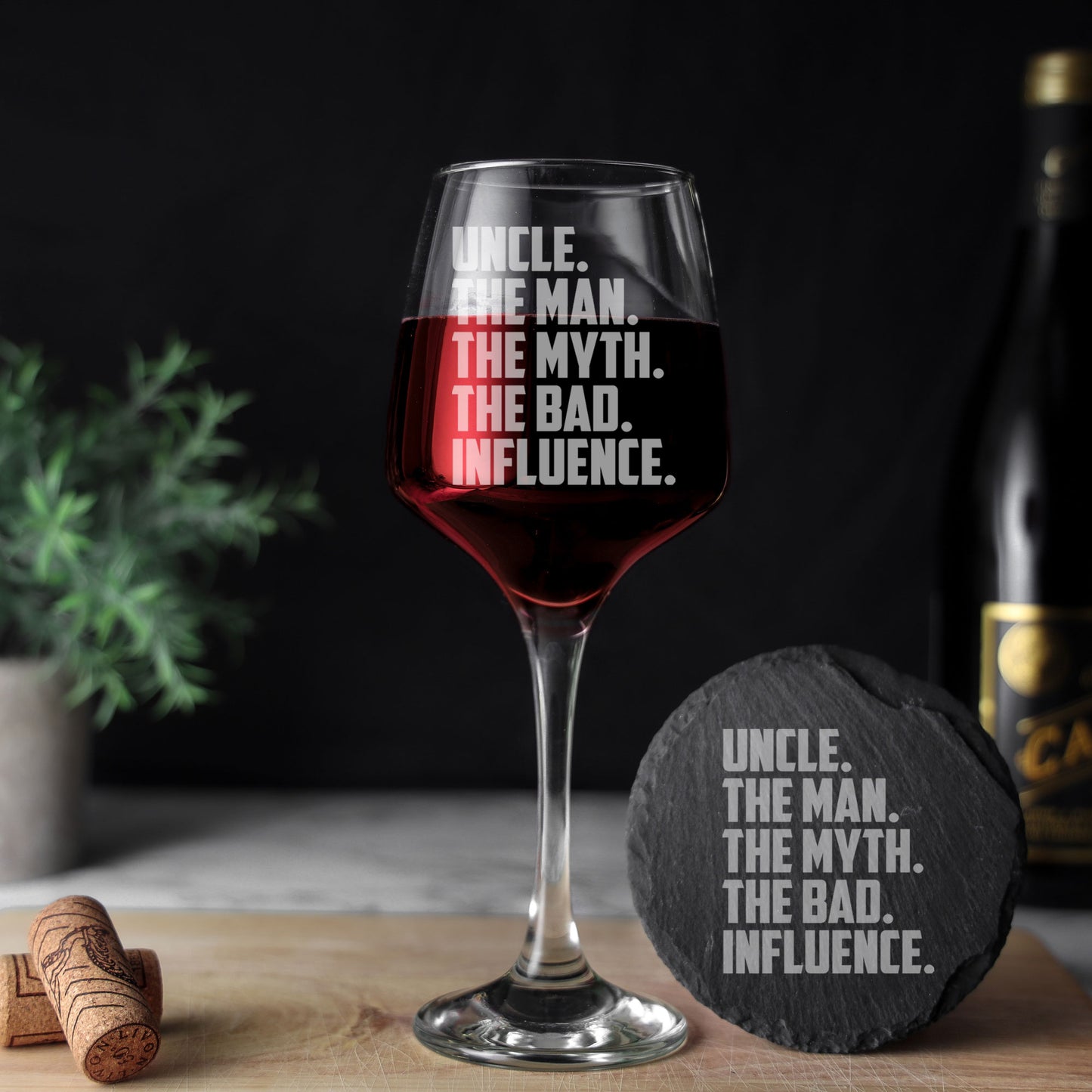 Uncle, The Man, The Myth, The Bad Influence Engraved Wine Glass and/or Coaster Set - Always Looking Good - Glass & Round Coaster Set