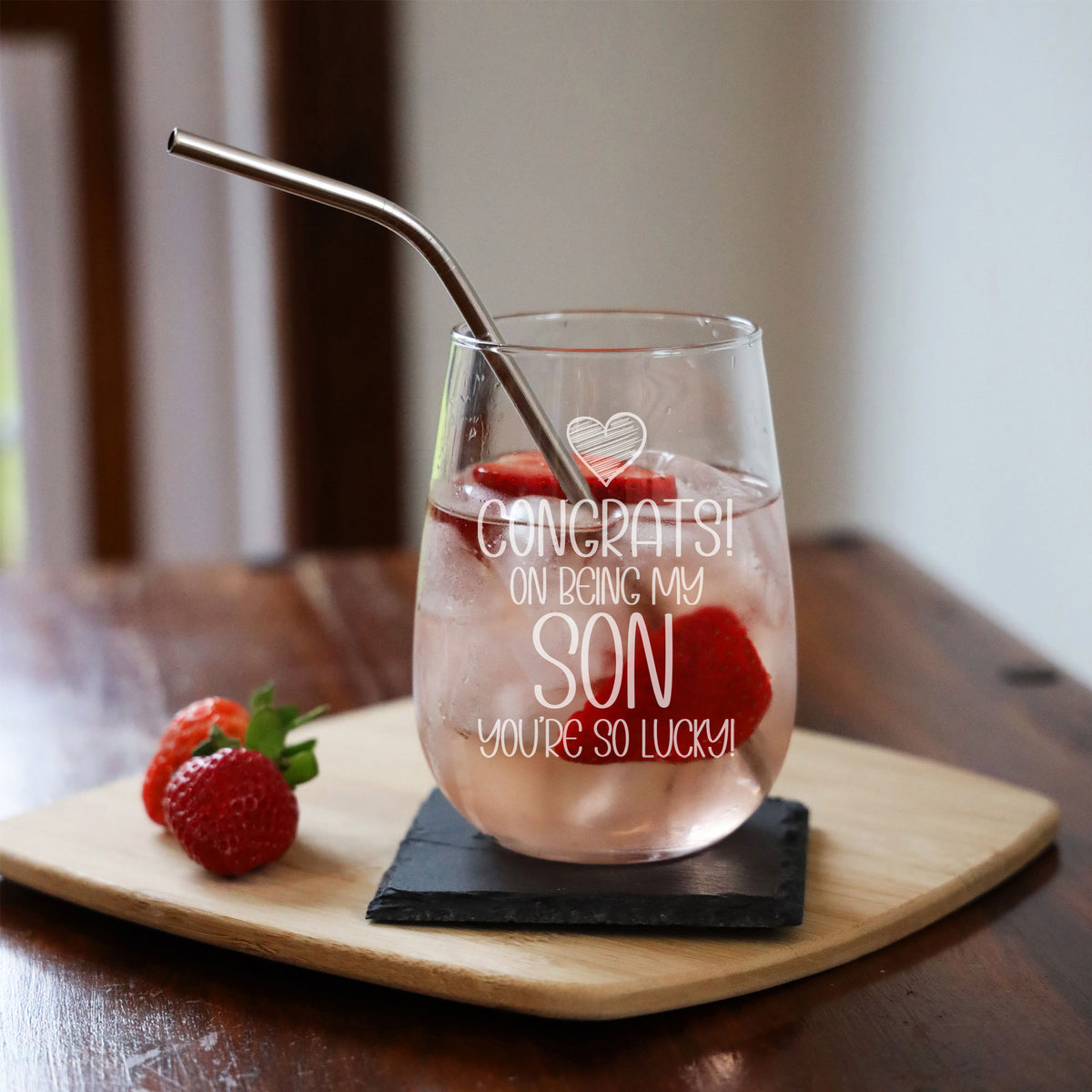 Congrats on Being my Son Engraved Stemless Gin Glass Birthday Gift for Son
