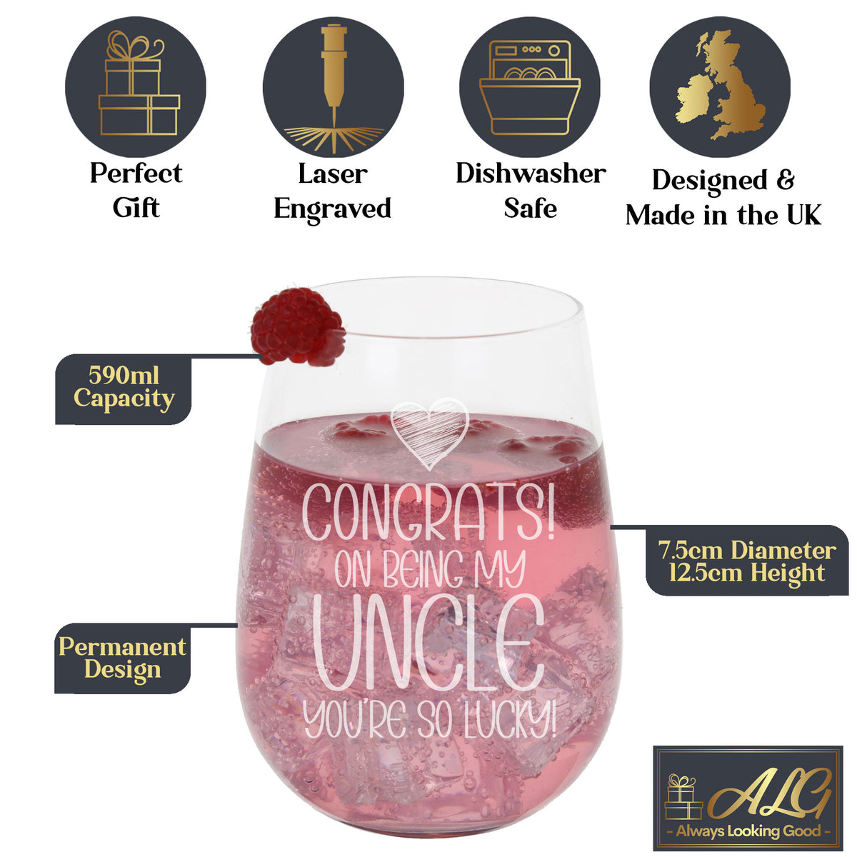 Congrats on Being my Uncle Engraved Stemless Gin Glass Birthday Gift