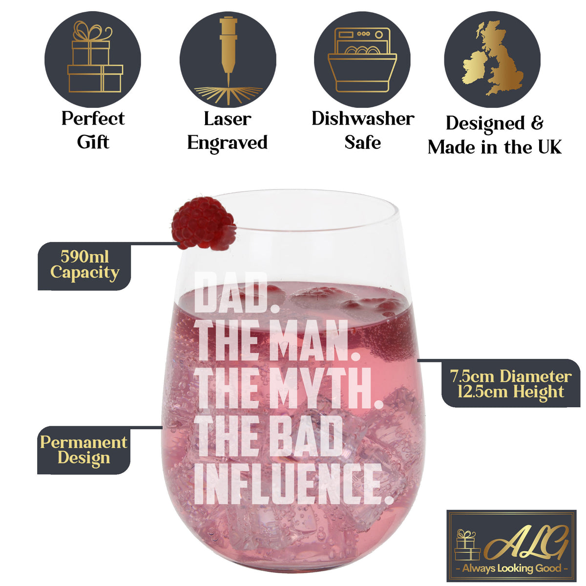 Dad The Man The Myth The Bad Influence Engraved Stemless Gin Glass Birthday Gift