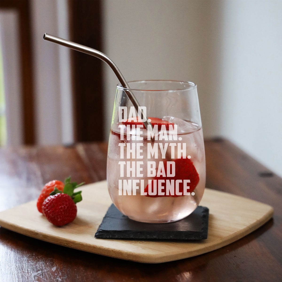 Dad The Man The Myth The Bad Influence Engraved Stemless Gin Glass Birthday Gift