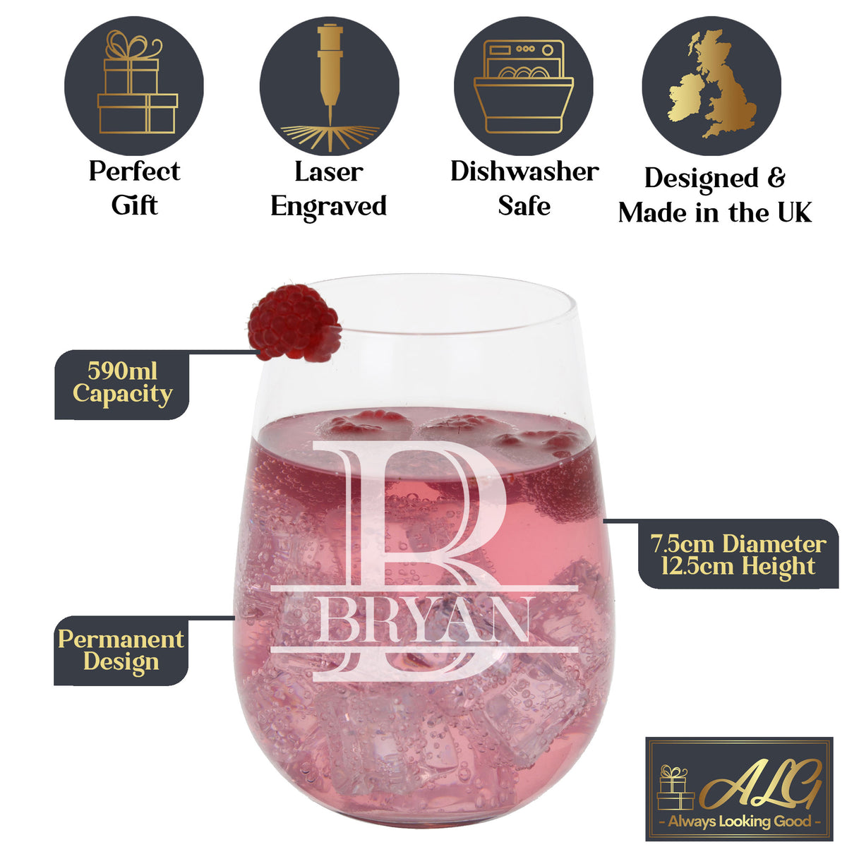 Personalised Split Monogram Stemless Gin Glass