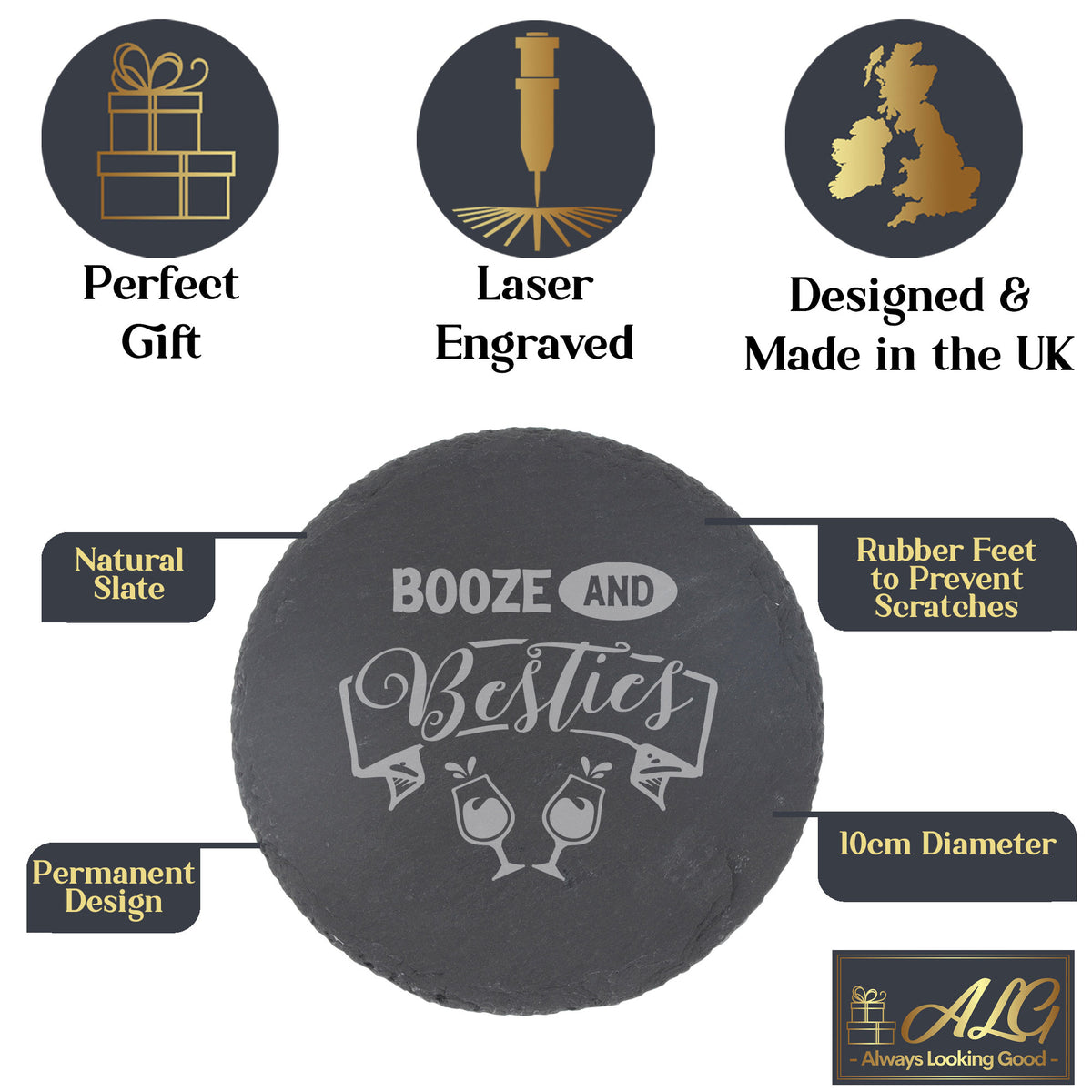 Booze and Besties Engraved Slate Coaster Birthday Gift For Best Friend