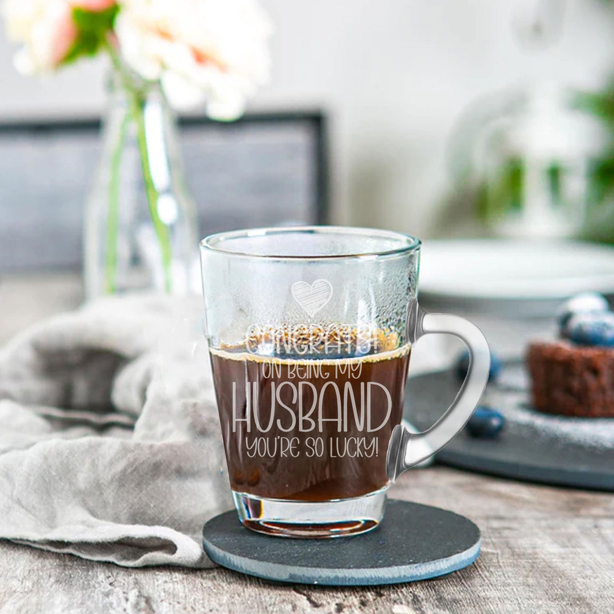 Congrats on Being my Husband Engraved Glass Coffee Mug Birthday Gift