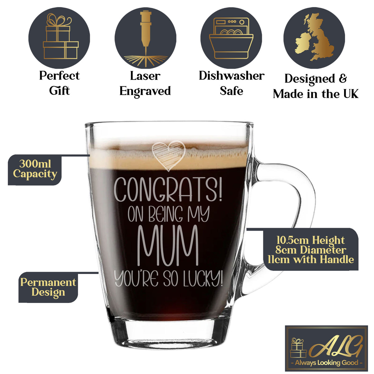 Congrats on Being my Mum Engraved Glass Coffee Mug Birthday Gift