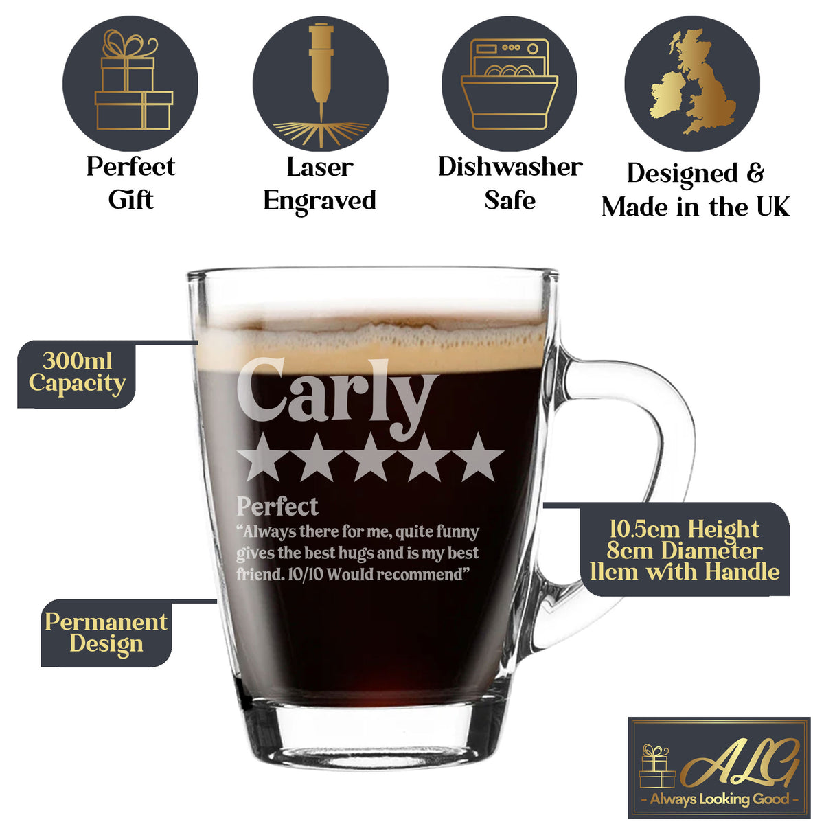 Personalised Review Engraved Glass Mug