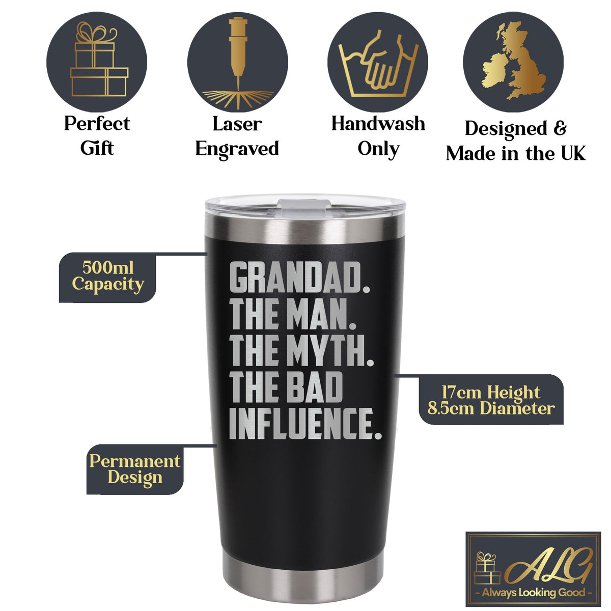 Grandad The Man The Myth The Bad Influence Engraved Travel Mug