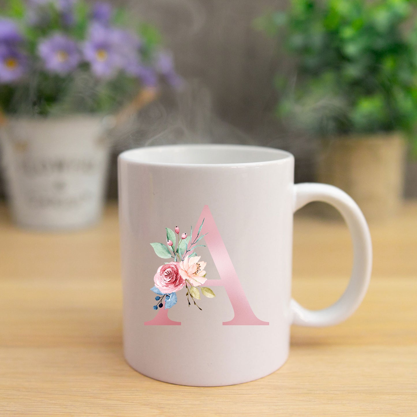 Monogrammed Ceramic Mug – Pink Floral Letter Design for Gift