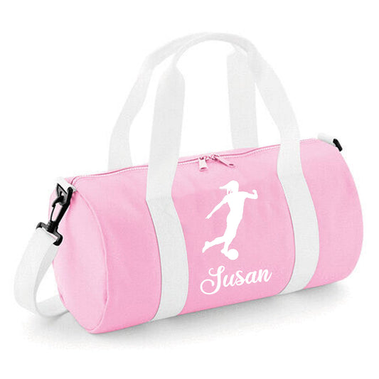 Personalised Female Footballer Barrel Bag with Girls Name