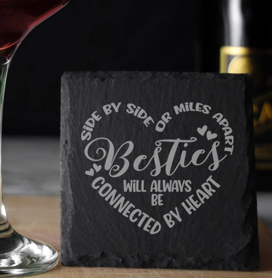 Besties Connected By Heart Engraved Beer Glass and/or Coaster Set - Always Looking Good - Square Coaster Only gift for best friend