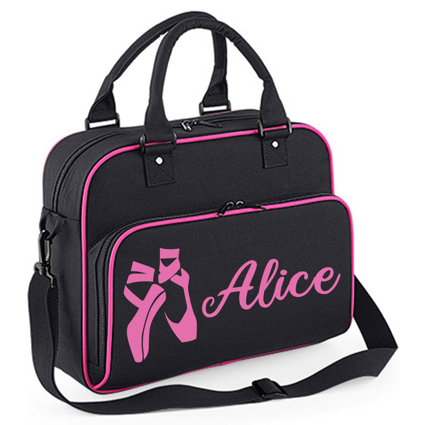 Personalised Dance Bag Kids | Girls Children's Ballet School Bag - Always Looking Good - Black with Pink Piping Ballet Shoes