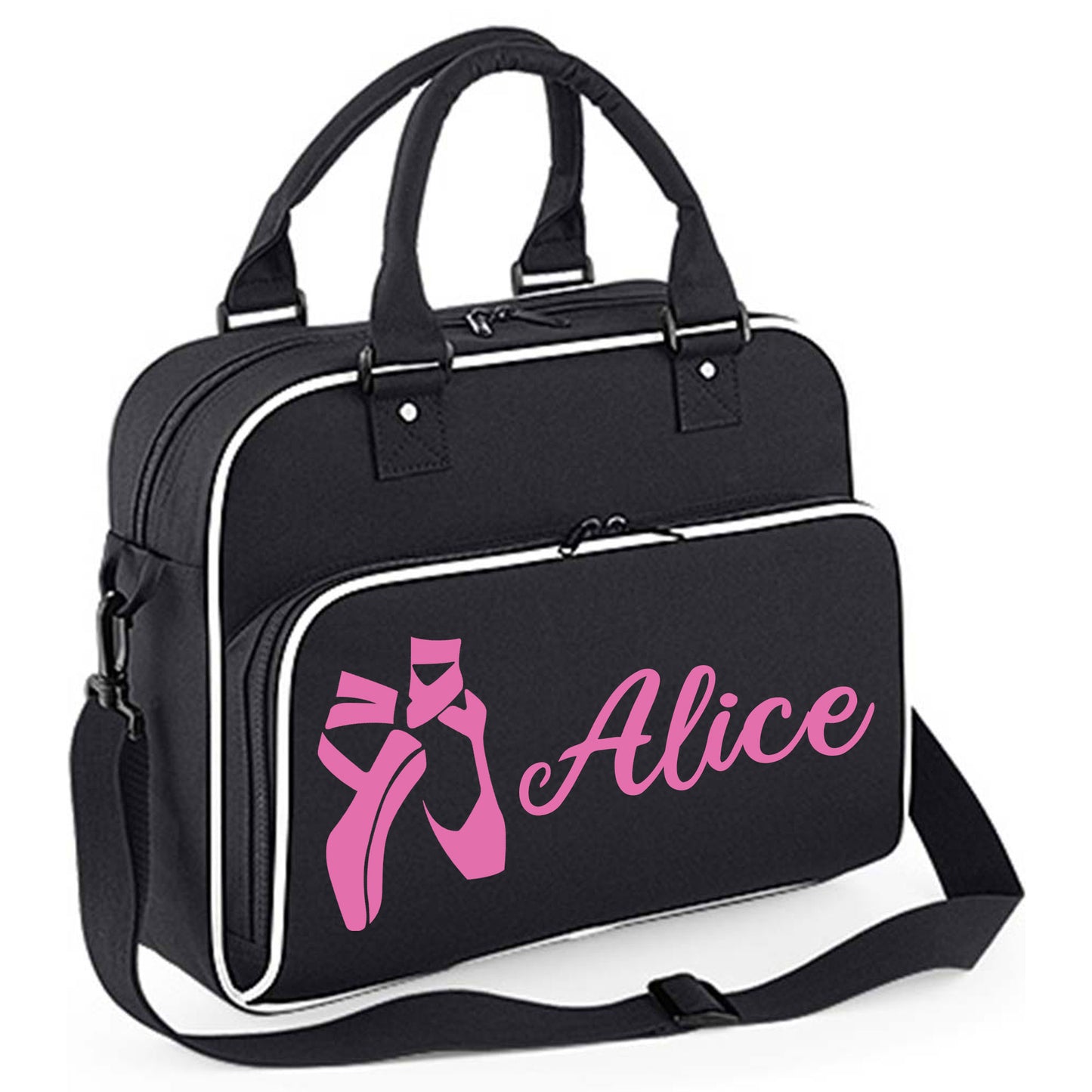Personalised Dance Bag Kids | Girls Children's Ballet School Bag - Always Looking Good - Black with White Piping Ballet Shoes