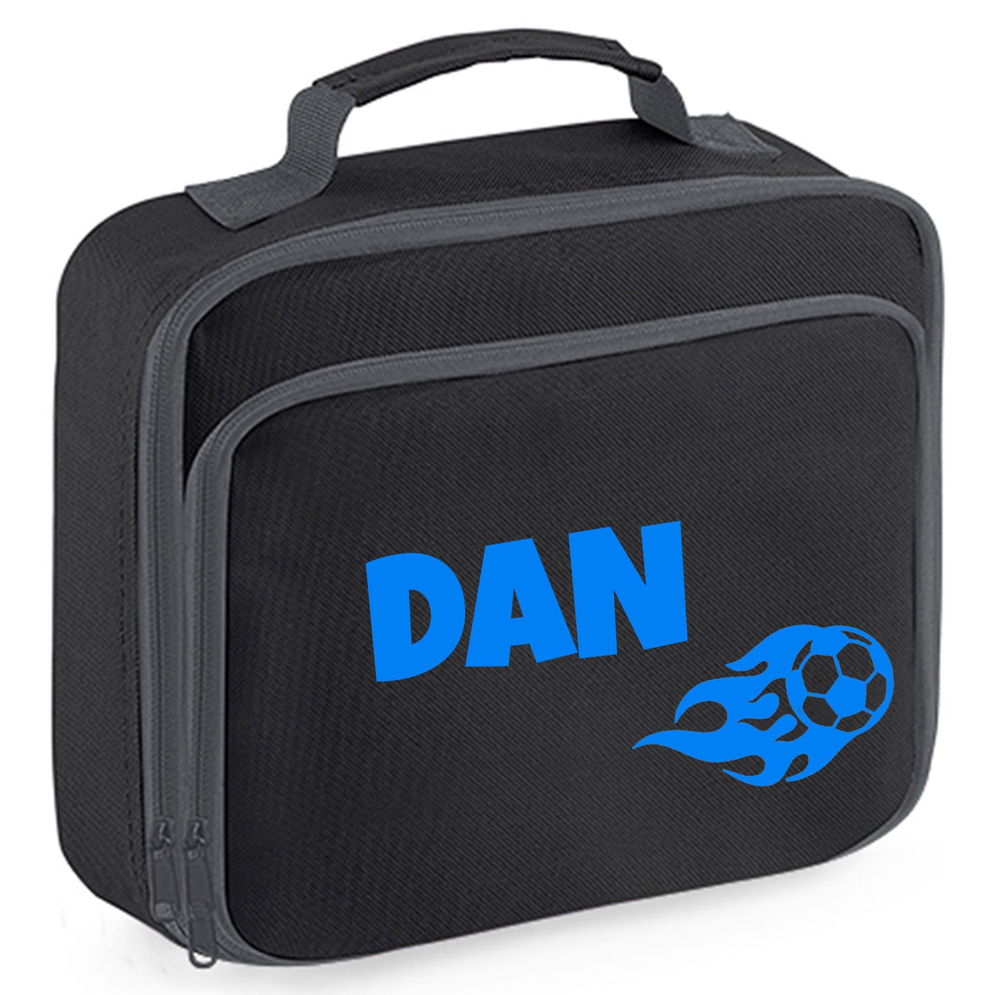 Personalised Lunch Bag with Football Design Childs School Lunch Box - Always Looking Good - Black Flaming Ball