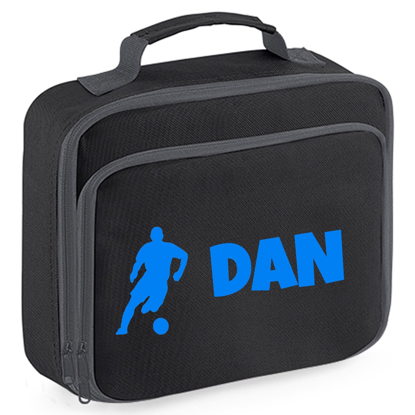 Personalised Lunch Bag with Football Design Childs School Lunch Box - Always Looking Good - Black Male Player