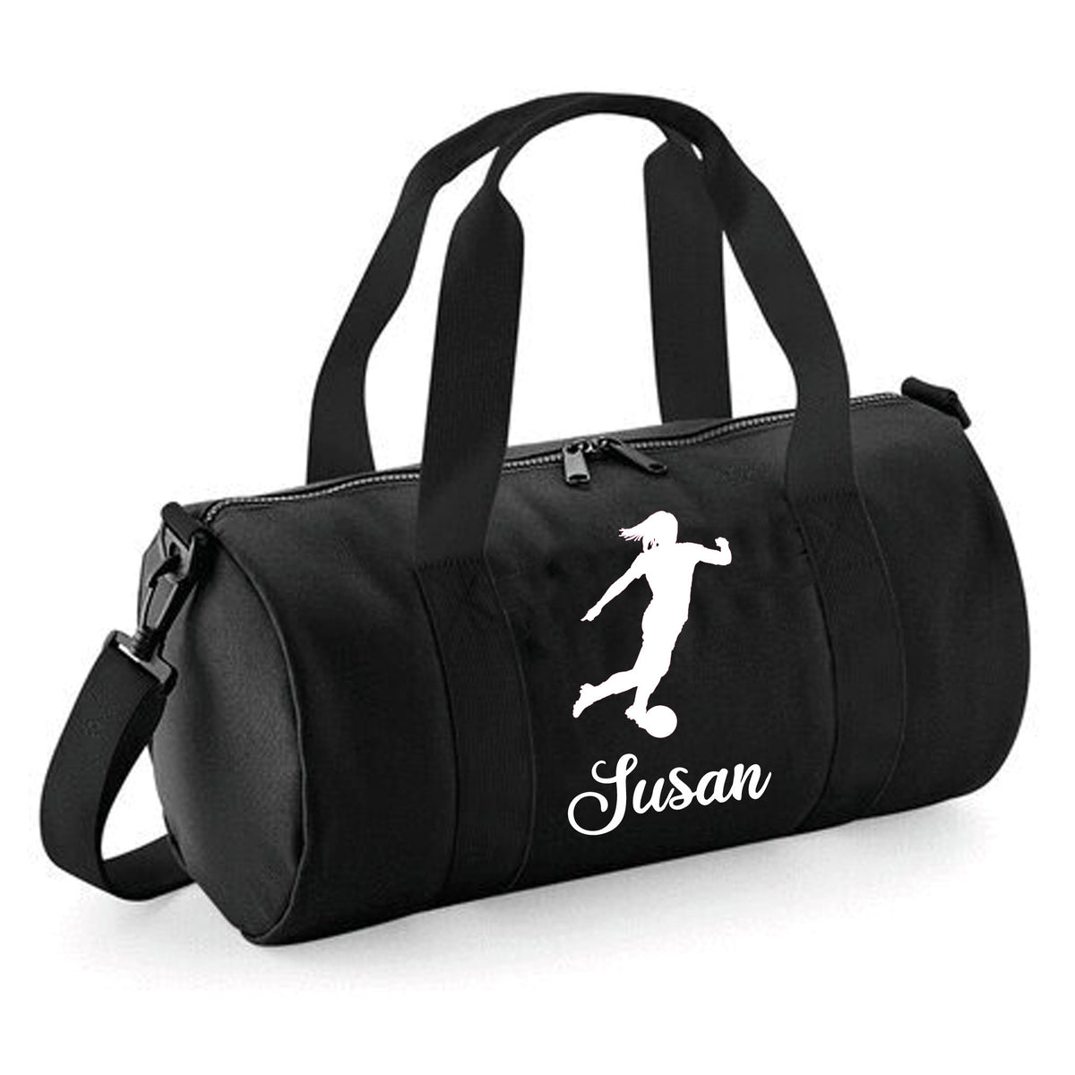 Personalised Female Footballer Barrel Bag | Kids Sports Holdall with Name