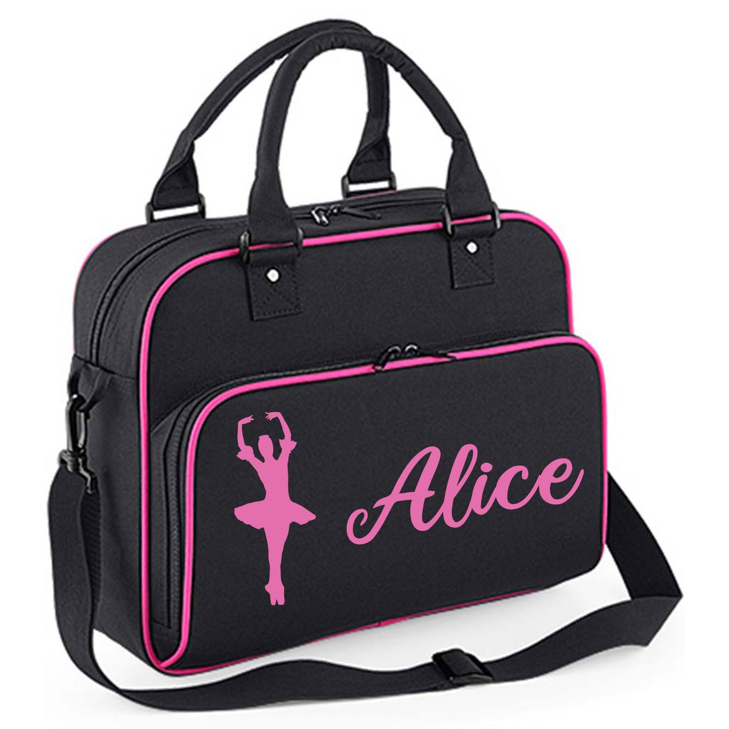 Personalised Dance Bag Kids | Girls Children's Ballet School Bag - Always Looking Good - Black with Pink Piping Ballet Dancer