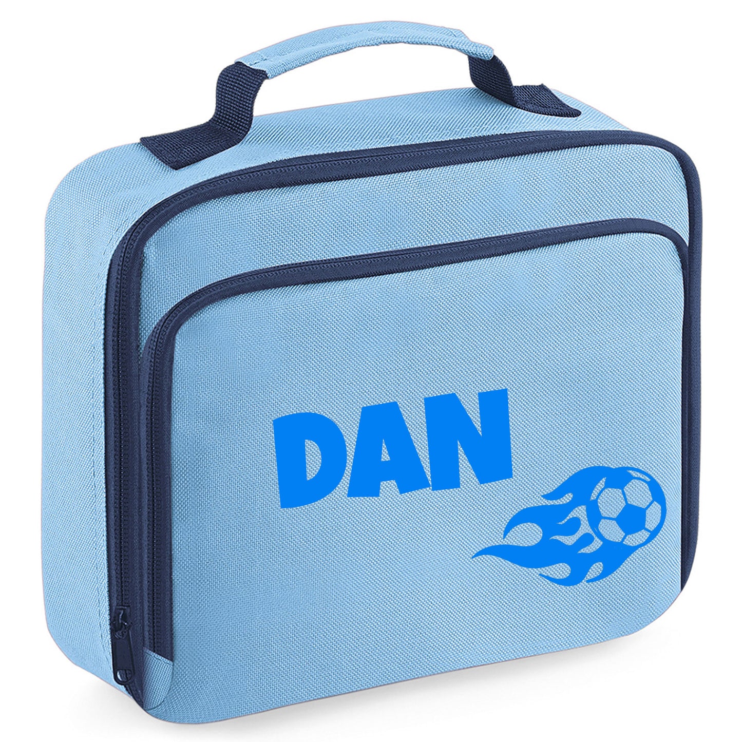 Personalised Lunch Bag with Football Design Childs School Lunch Box - Always Looking Good - Blue Flaming Ball