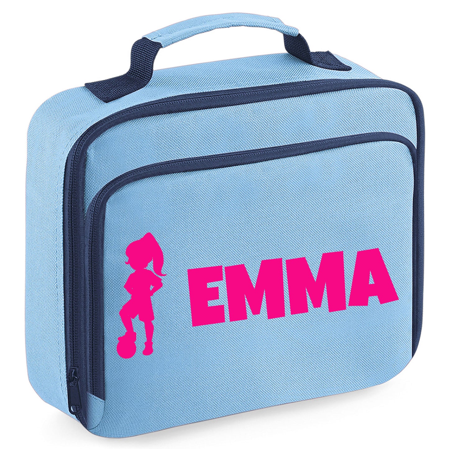 Personalised Lunch Bag with Football Design Childs School Lunch Box - Always Looking Good - Blue Girl with Pony Tail
