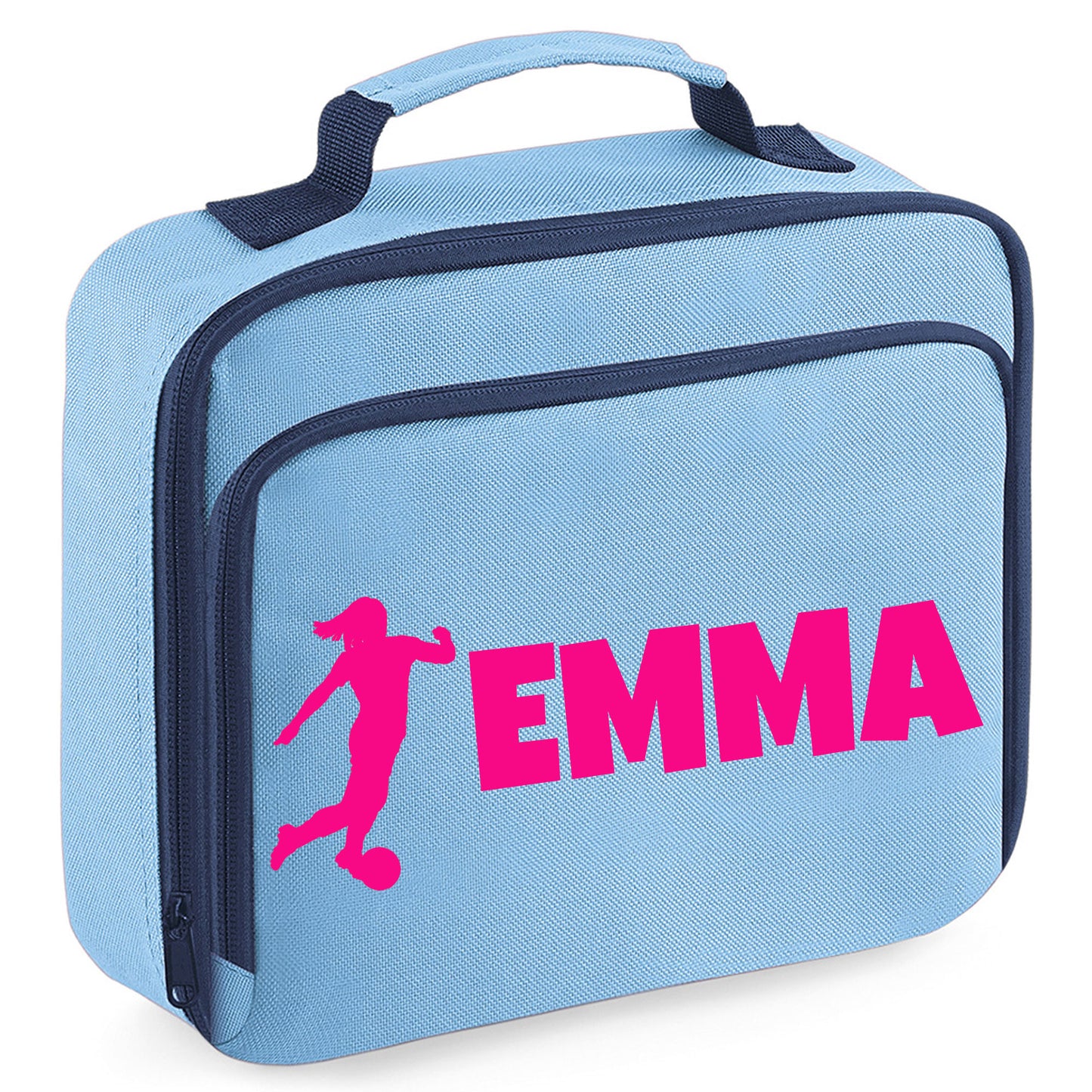 Kids Personalised Lunch Bag With Name in Football Design - Always Looking Good - - Blue Female Player
