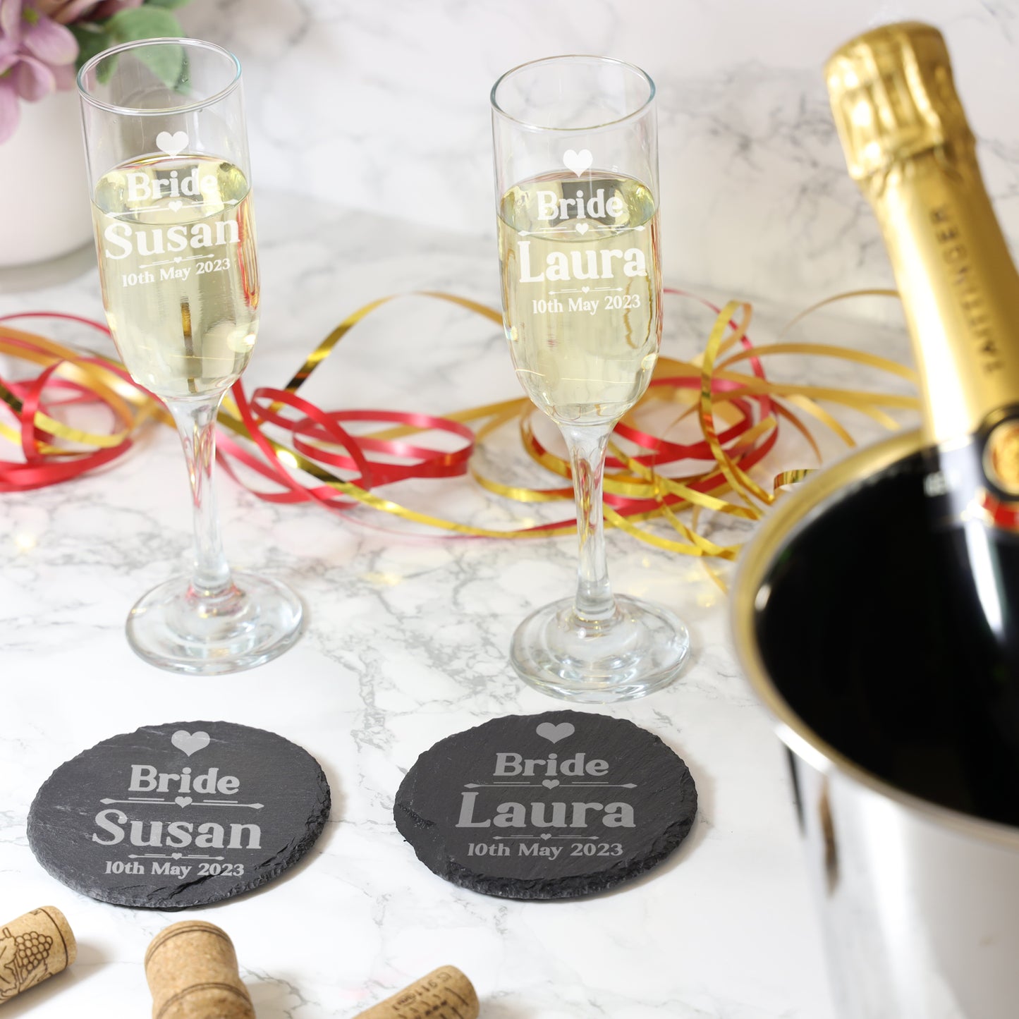 Personalised & Engraved Glass Wedding Gifts For Bride & Groom - Always Looking Good - 2 x Champagne Glass Only