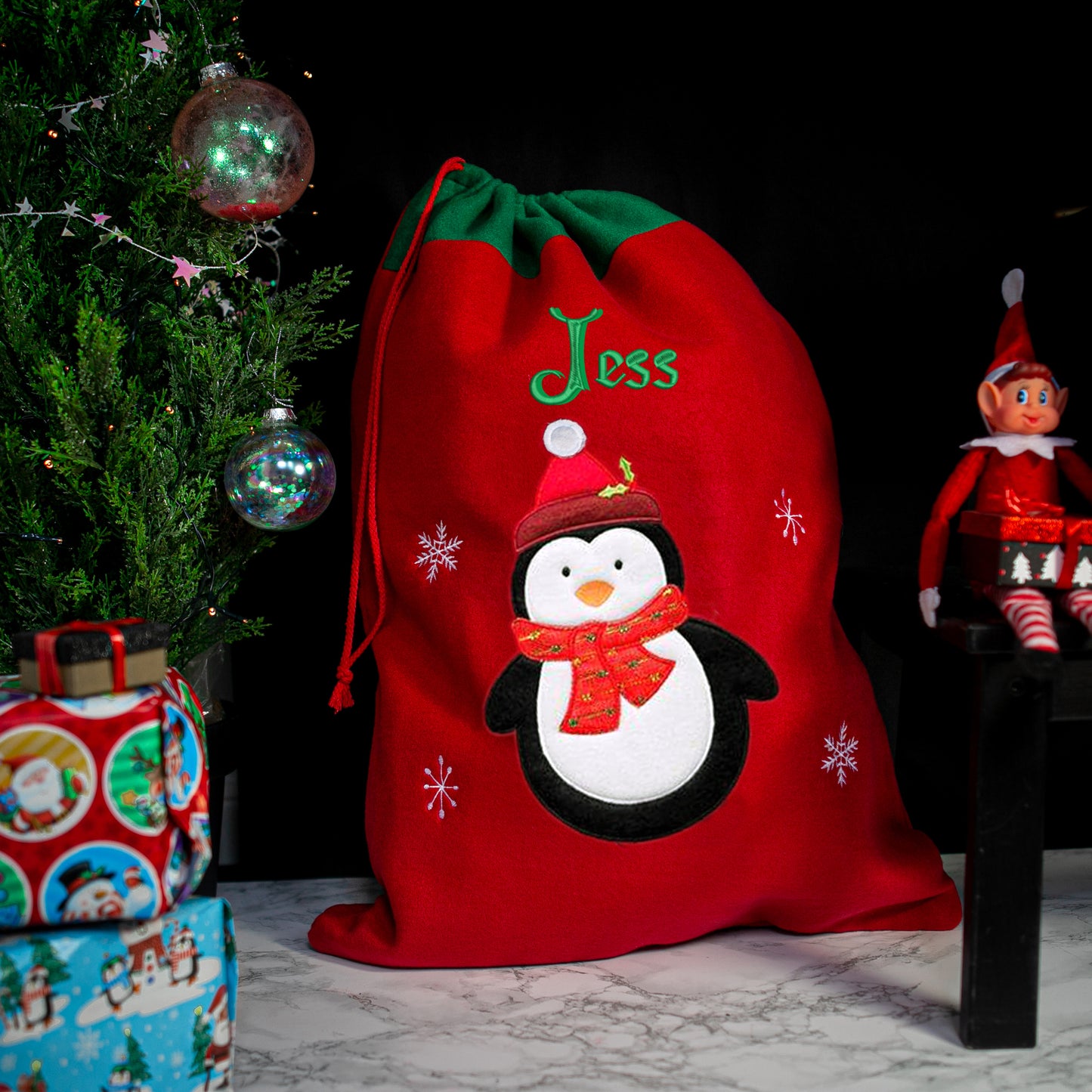 Personalised Embroidered Large Christmas Red Santa Sack and/or Stocking - Always Looking Good - Penguin Stocking Only