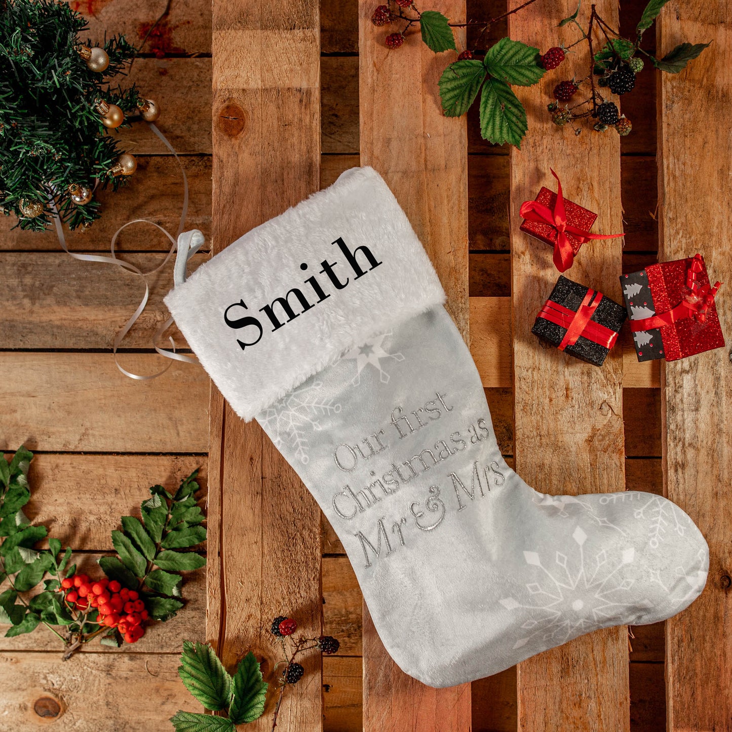 Embroidered Personalised Mr & Mrs First Christmas Stocking - Always Looking Good - Single Stocking