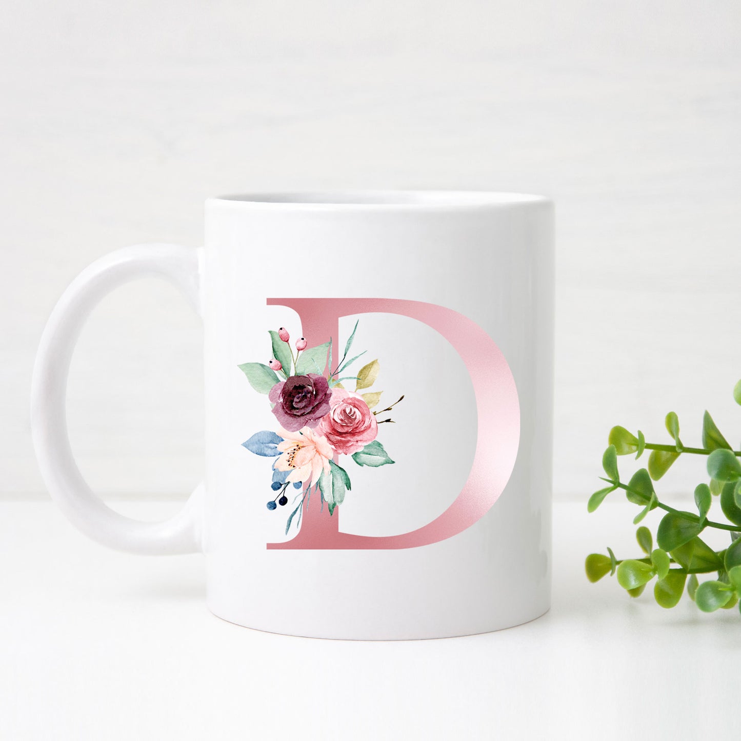 Monogrammed Ceramic Mug – Pink Floral Letter Design for Gift