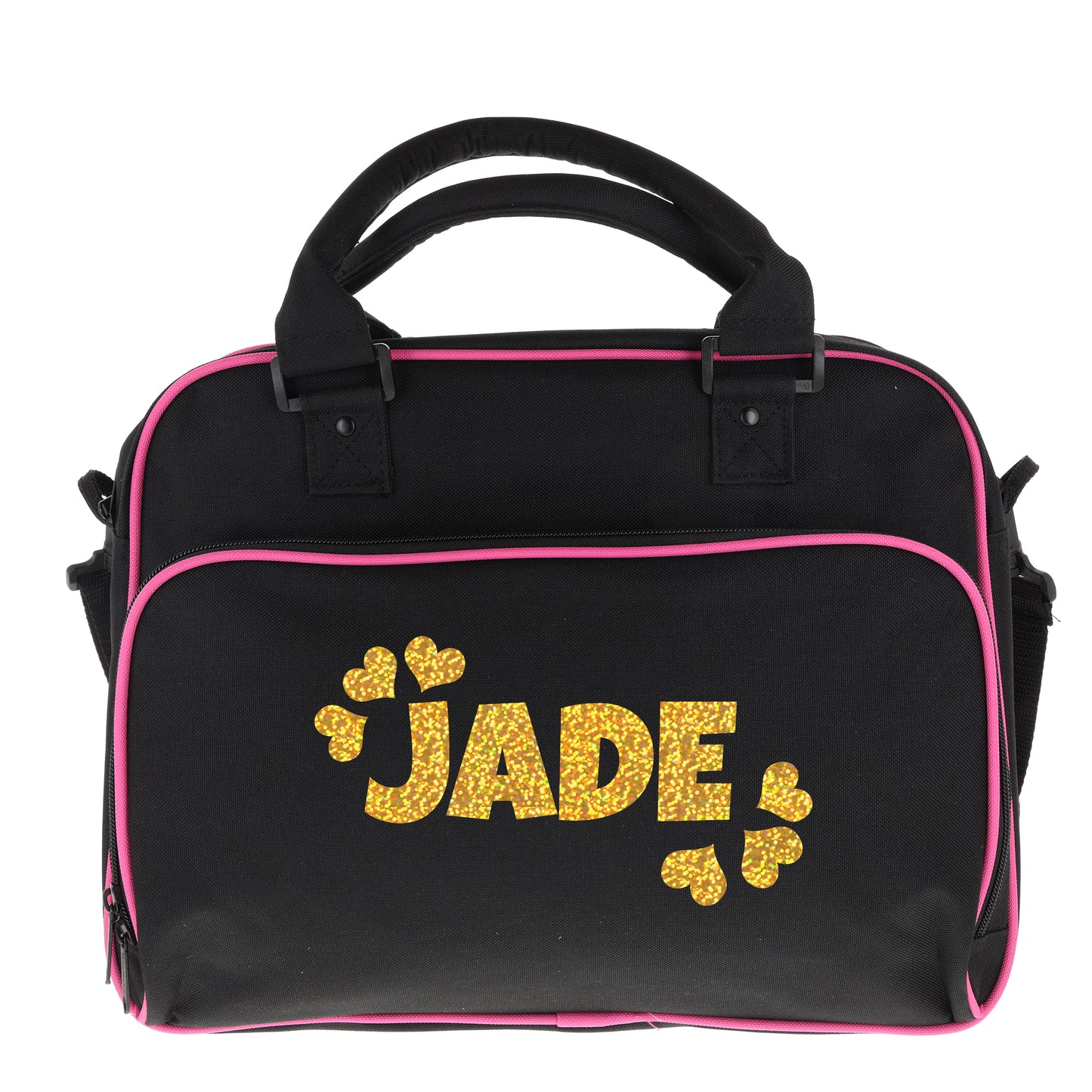 Girls Dance Bag – Personalised Gym, Swim & Sports Bag - Always Looking Good - Black with Pink Piping Name & Hearts