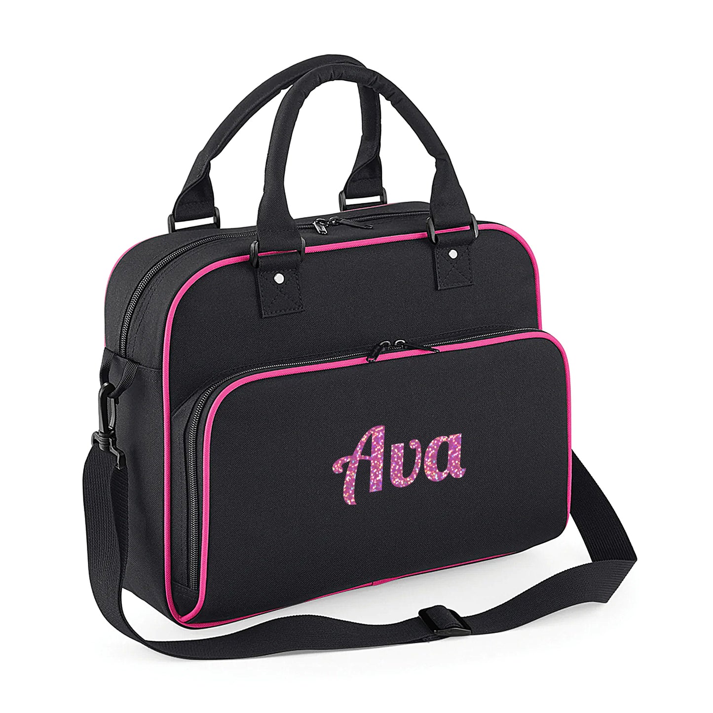Personalised Girls Sports Bag with Name Dancing Swimming Gymnastic School Gym Bag - Always Looking Good - Black with Pink Piping Name Only