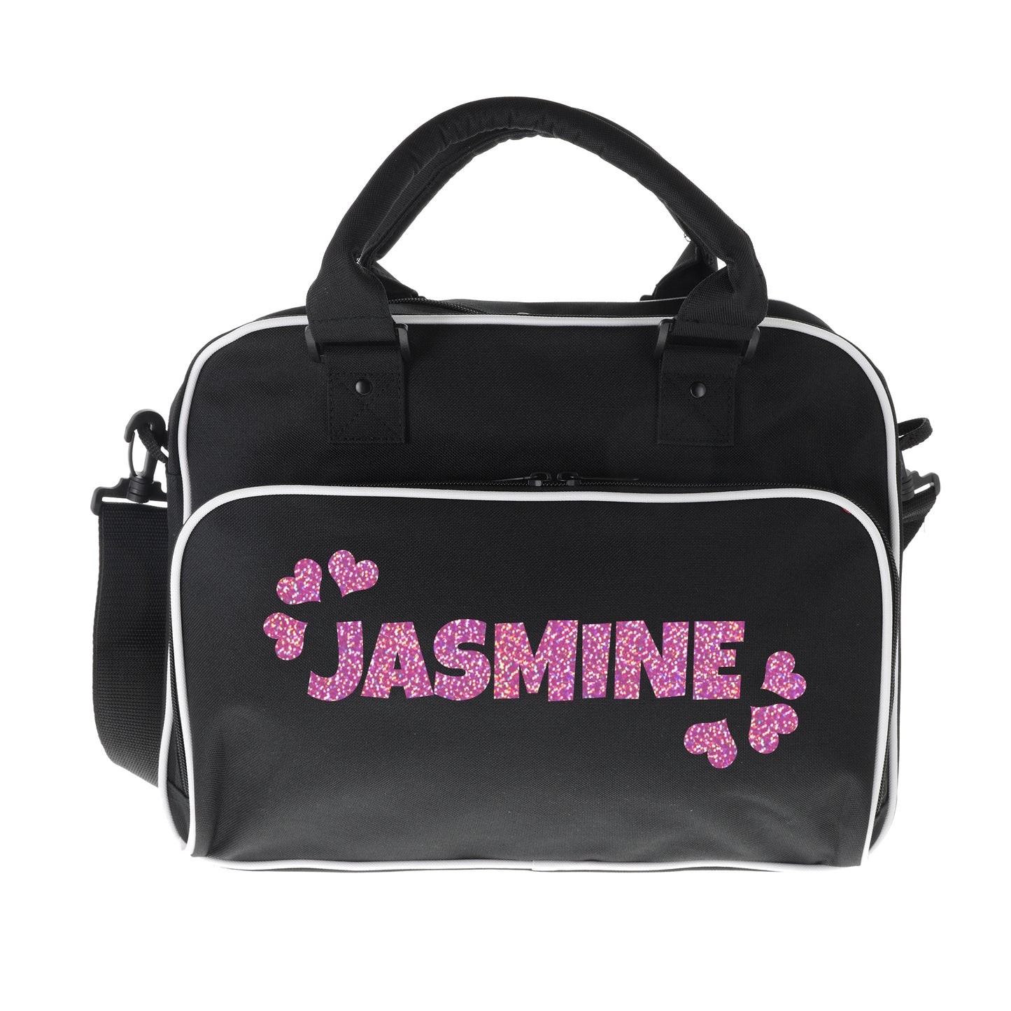 Personalised Girls Sports Bag with Name Dancing Swimming Gymnastic School Gym Bag - Always Looking Good - Black with White Piping Name & Hearts