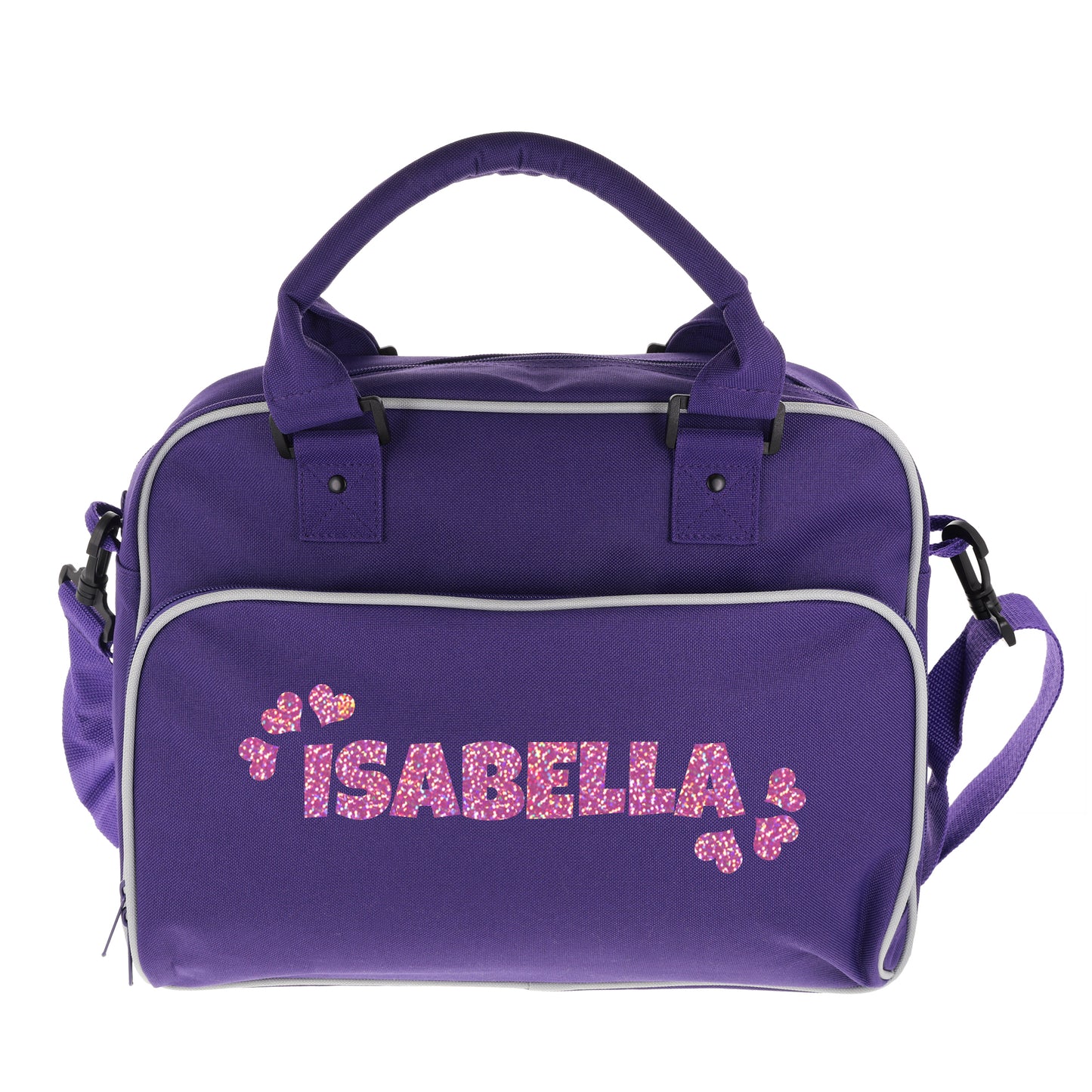 Personalised Girls Sports Bag with Name Dancing Swimming Gymnastic School Gym Bag - Always Looking Good - Purple Name & Hearts