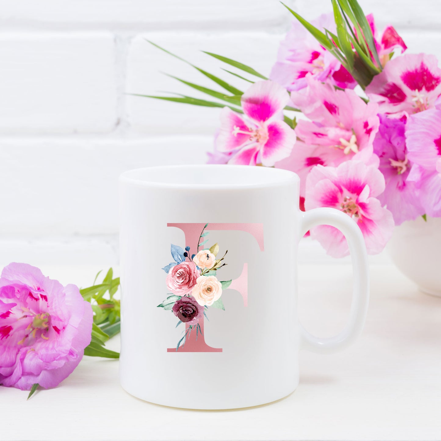 Monogrammed Ceramic Mug – Pink Floral Letter Design for Gift