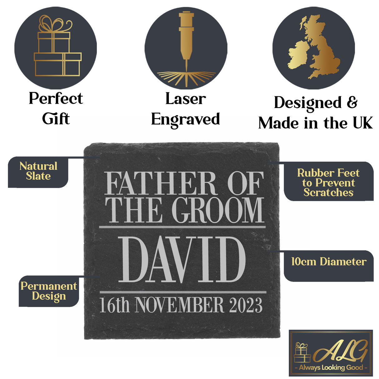 Personalised Father Of The Groom Whisky Glass and/or Coaster Set - Always Looking Good - Square Coaster On Its Own