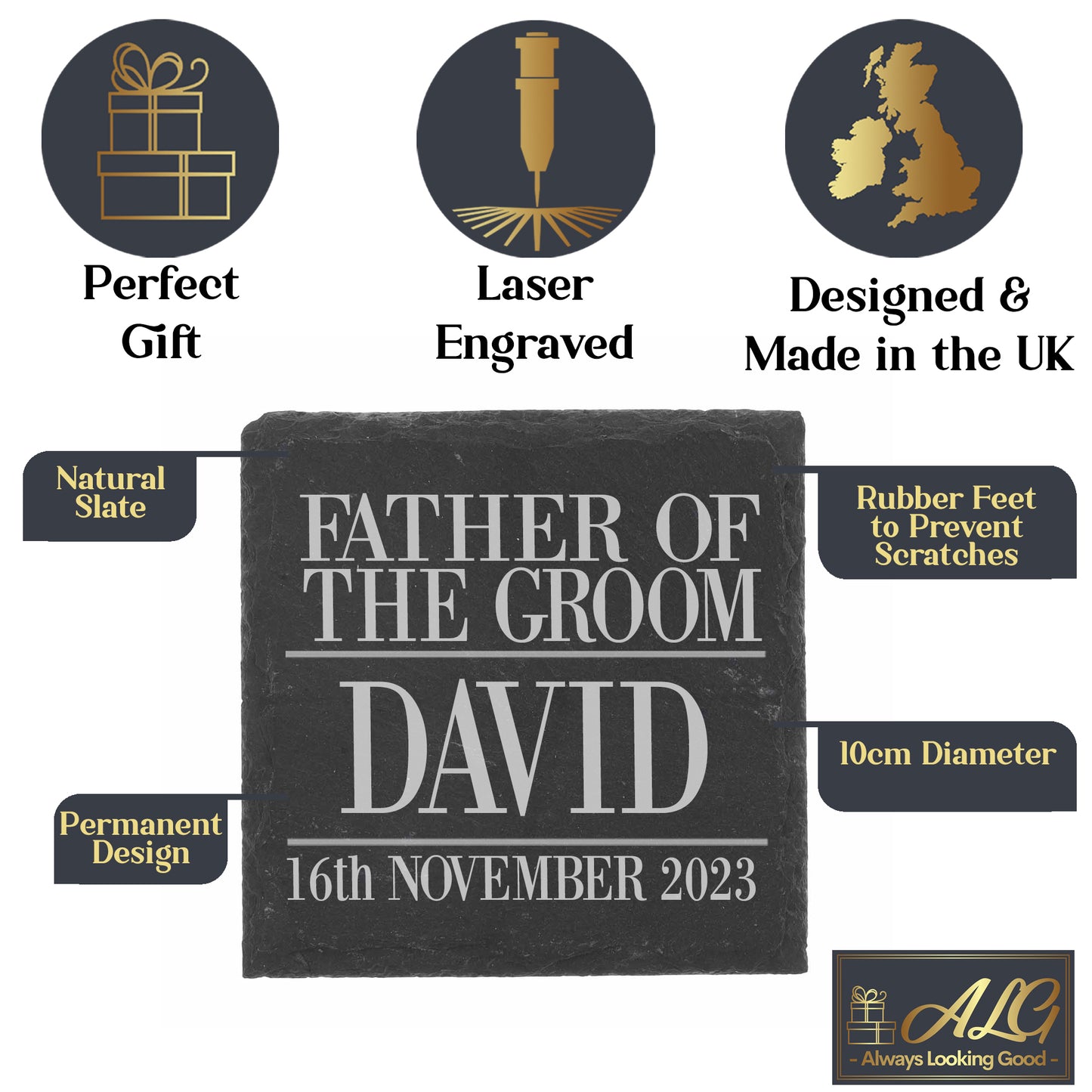 Personalised Father Of The Groom Whisky Glass and/or Coaster Set - Always Looking Good - Square Coaster On Its Own