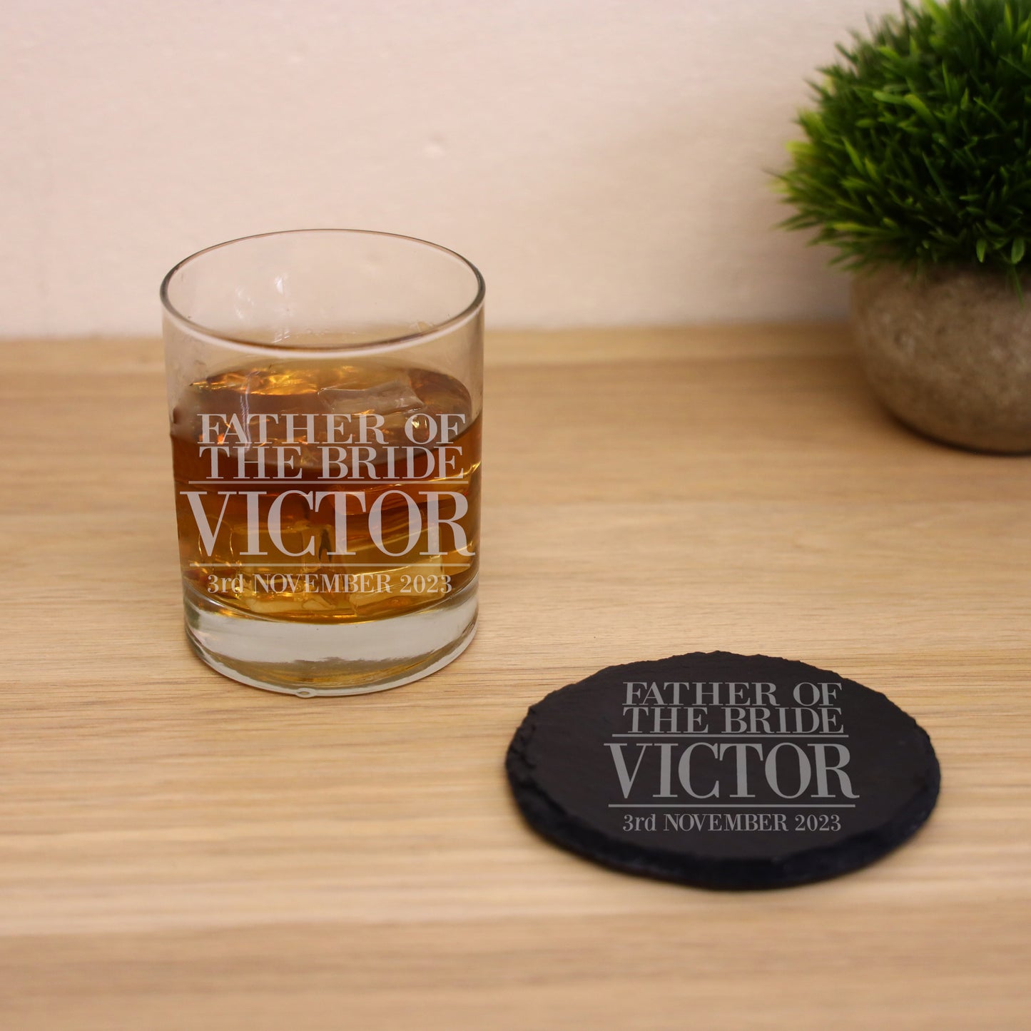 Personalised Father Of The Bride Whisky Glass and/or Coaster Set - Always Looking Good - Glass & Round Coaster Set