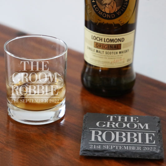 Personalised The Groom Whisky Glass and/or Coaster Set - Always Looking Good - Glass & Square Coaster Set