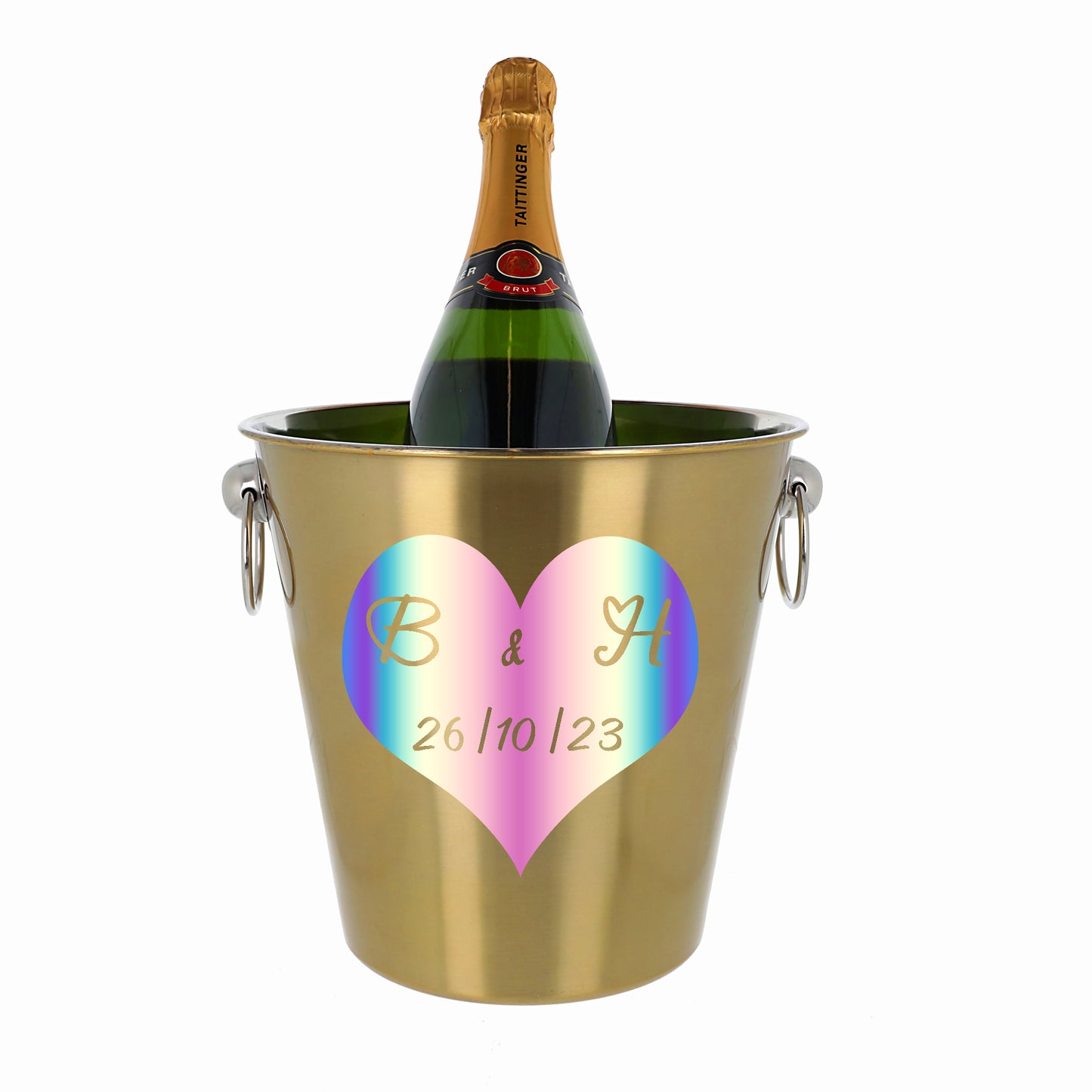 Personalised Heart Design Gold Ice Bucket With Matching Champagne Glasses - Always Looking Good -